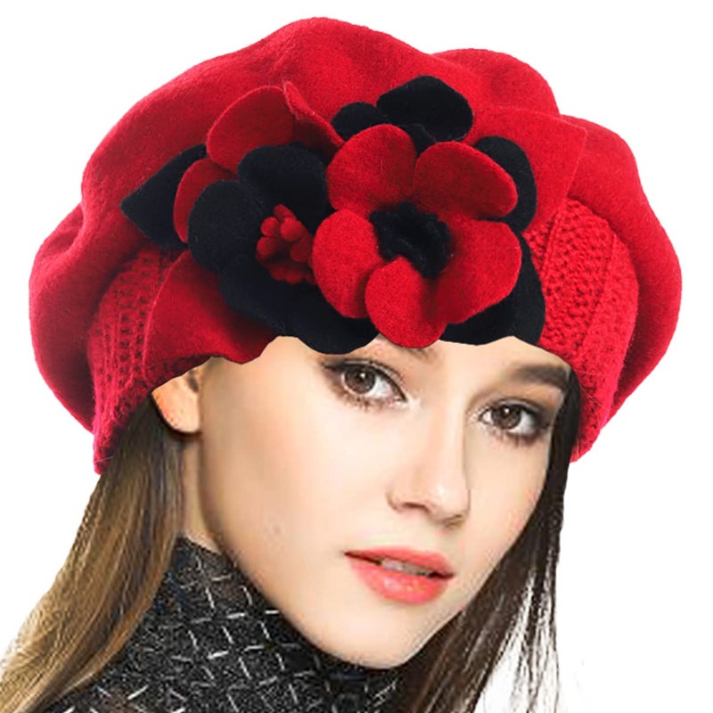 VECRY Lady French Beret 100% Wool Beret Floral Dress Beanie Winter Hat (Floral-Red) - Image 1